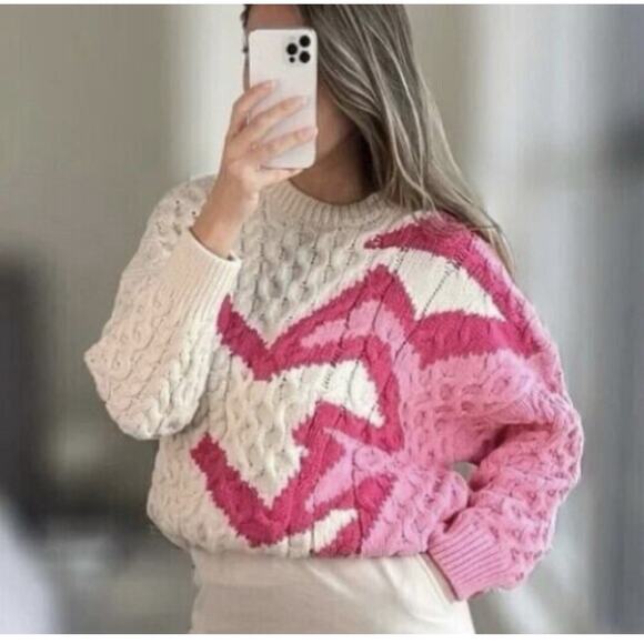 ZARA Oversized Cream Pink Jacquard Chunky Cable Knit Fisherman Sweater Sz M Retr - Picture 7 of 16